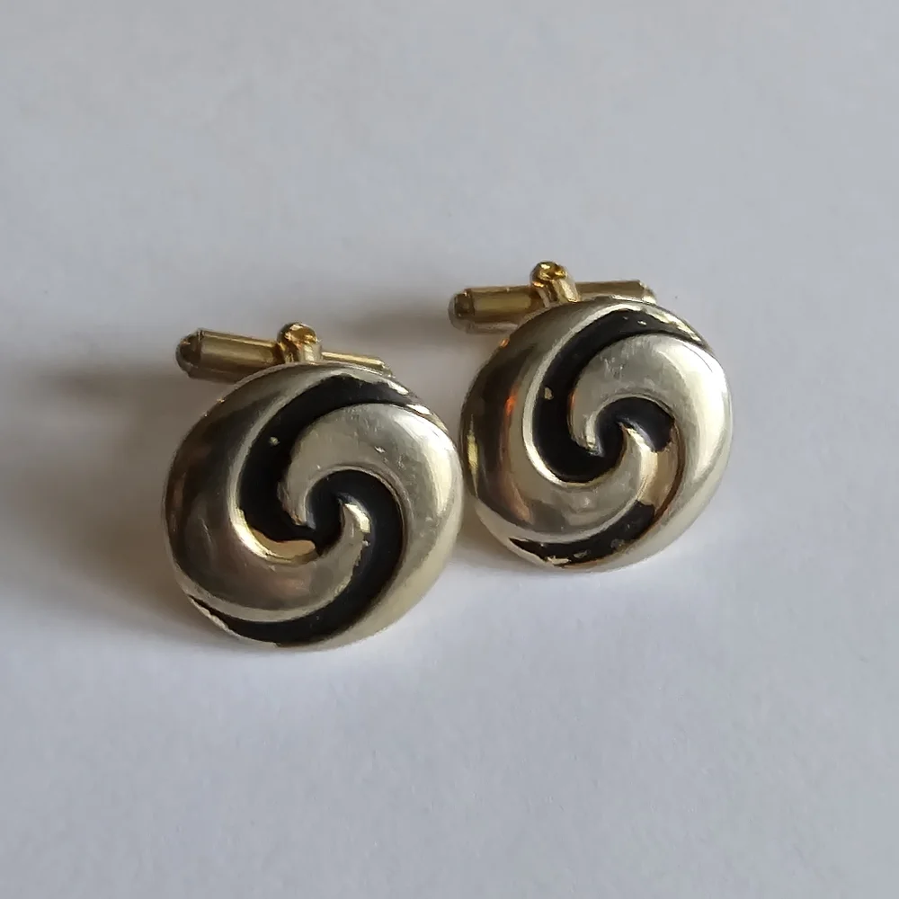 Vintage spiral cufflinks pale gold tone black enamel cuff links swirl men round